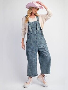 Distressed Light Blue Wide Leg Denim Women’s Overalls. Size Small
